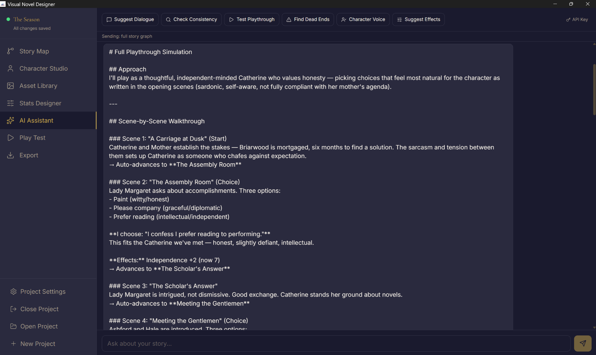 AI Assistant running a full playthrough simulation of the story