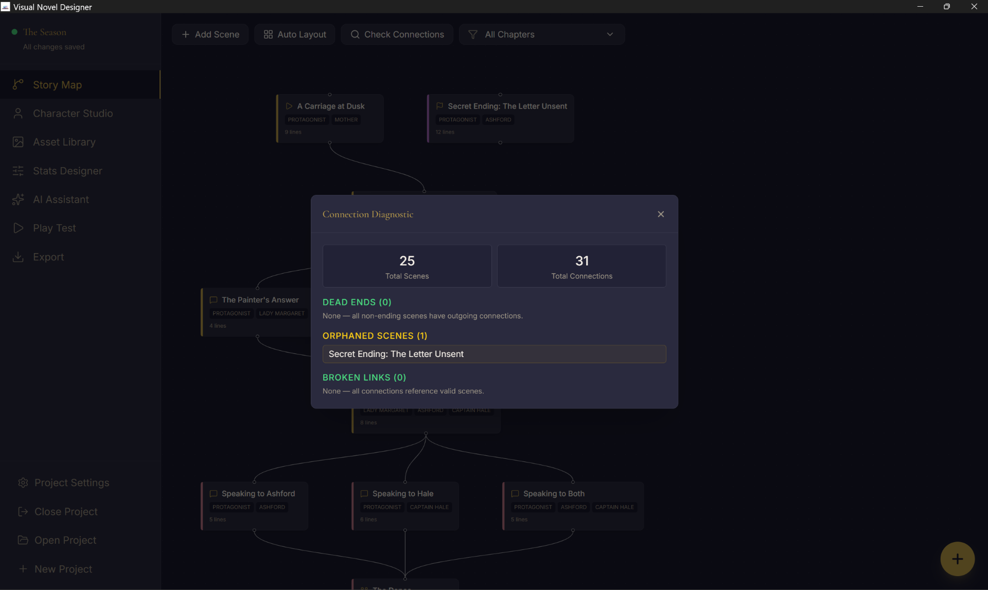 Connection Diagnostic dialog showing scene counts, dead ends, orphaned scenes and broken links